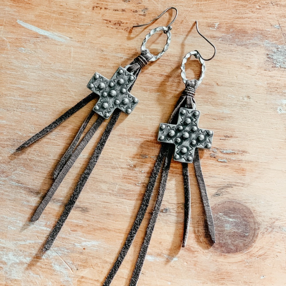Leather Fringe & Silver Cross Earrings